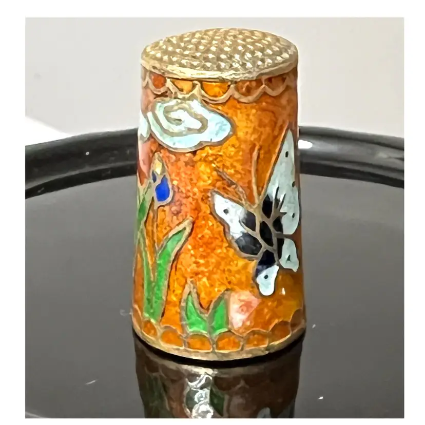 Cloisonne Collectible Enamel Metal Sewing Thimble Butterfly Flowers 1.1 in Height