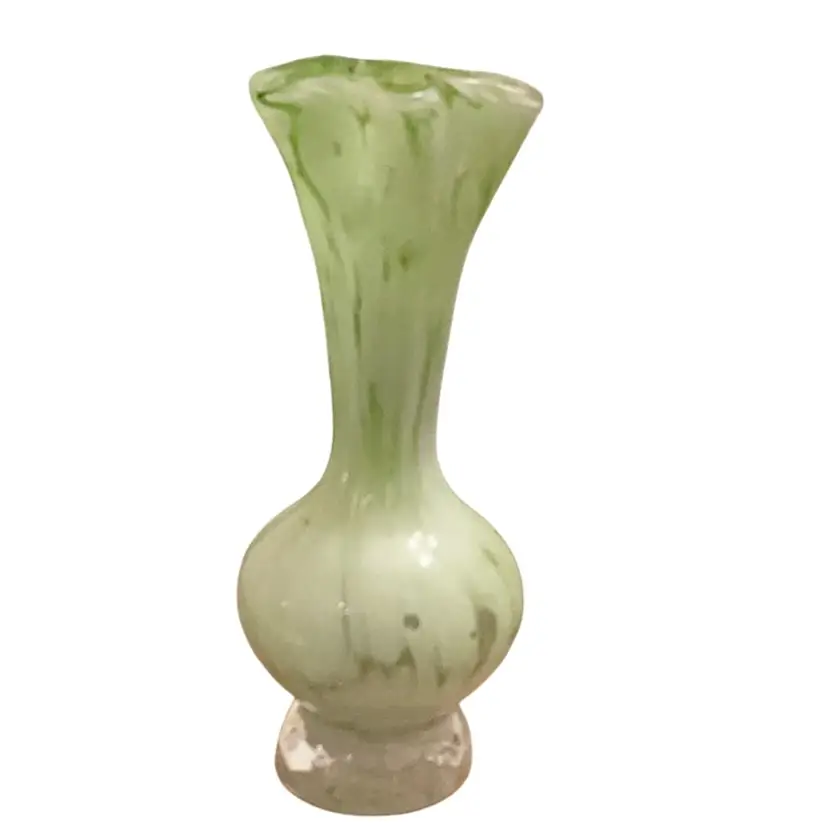 Vintage MCM Green And White Mottled Hand Blown Art Glass Bud Vase 6 1/2” X 3”
