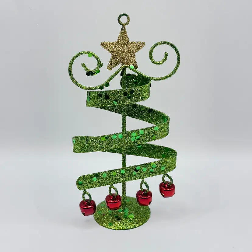 Whimsical Glittery Spiral Metal Christmas Tree with Red Bells Figurine, Festive Decor, Unbranded