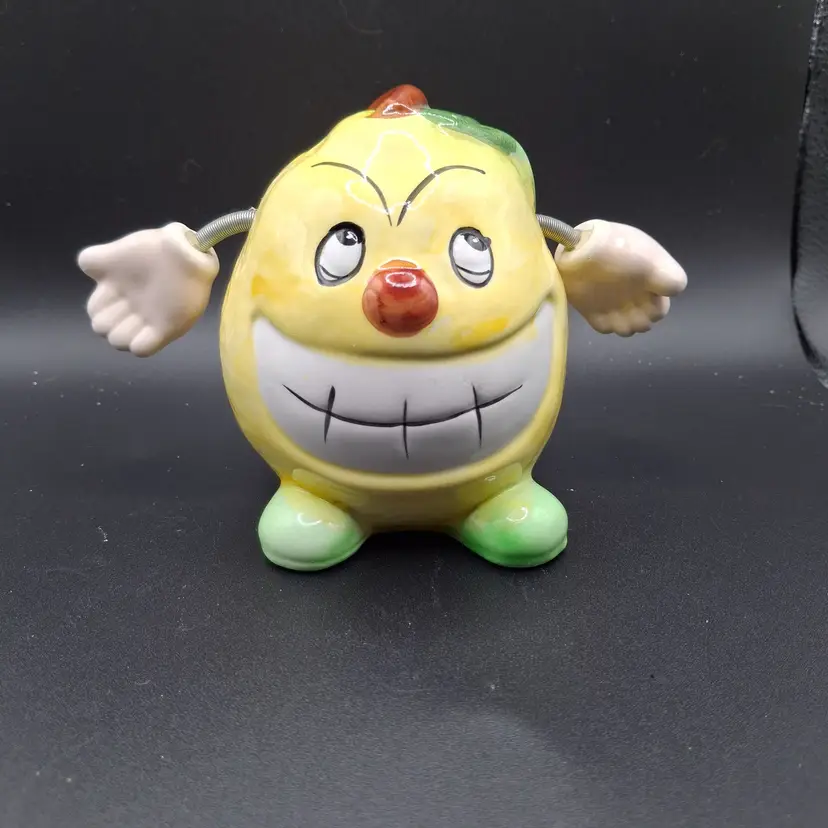 Vintage Ceramic Lemon-Shaped Coin Bank With Whimsical Face Movable Arms & Hand