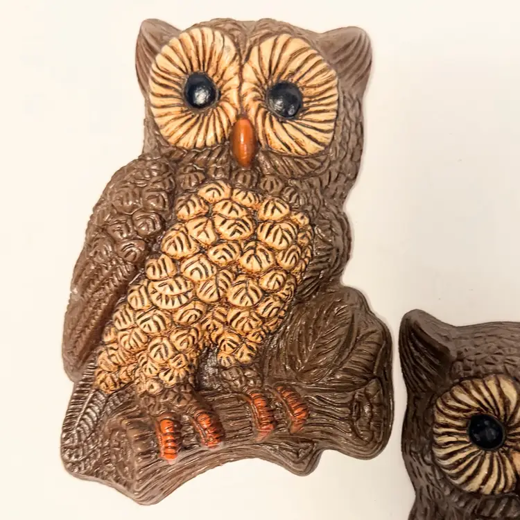 Vintage 1970s Set of 2 Owl Wall Plaques Hard Foam Hanging Decor