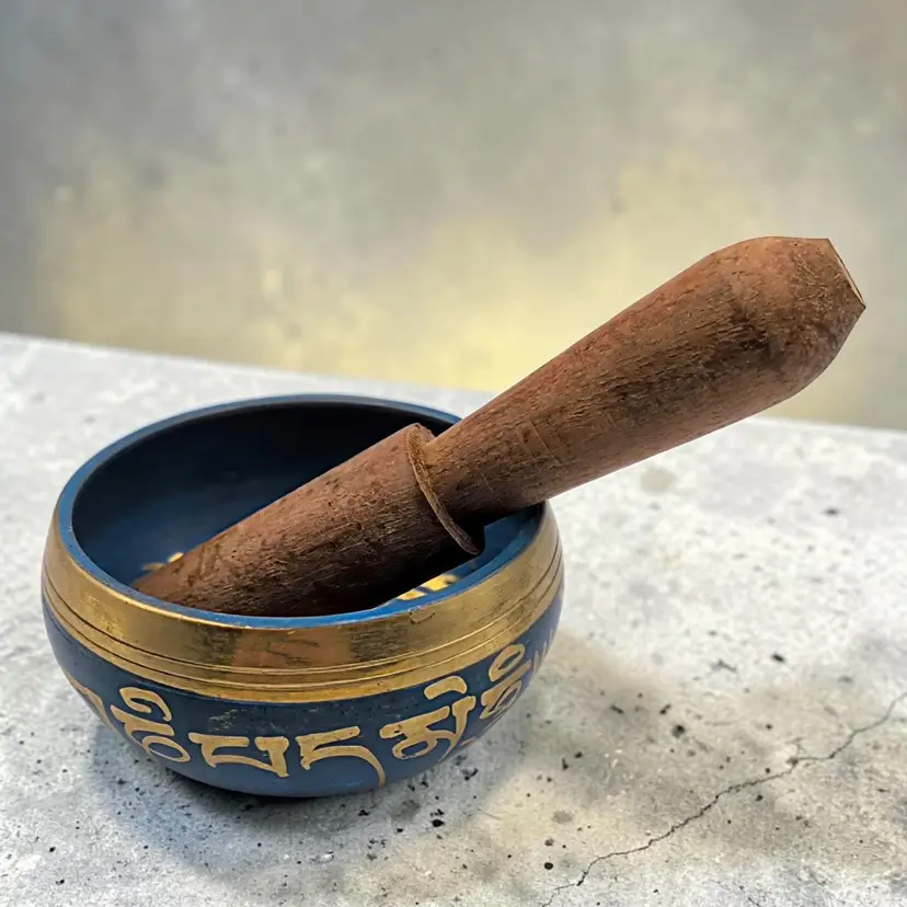 Tibetan Blue and Gold Metal Singing Bowl with Wood Mallet for Meditation