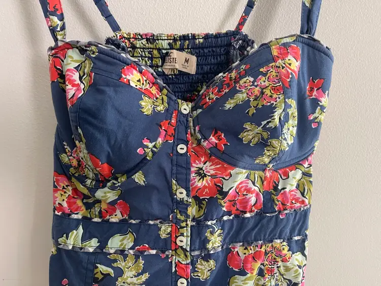 Hollister Floral Bettys Bustier Corset Top M Blue w/Boning 2010s Gingham Cottage