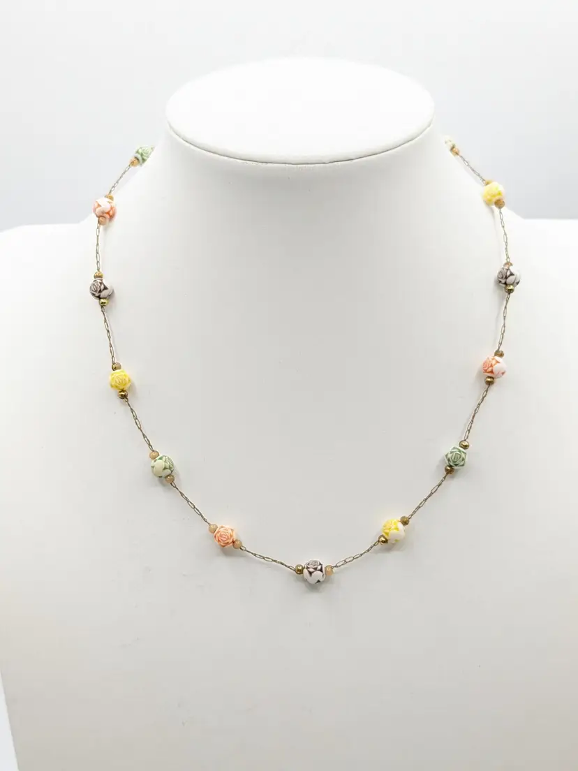 Floral Beaded Colorful Necklace Gold Tone