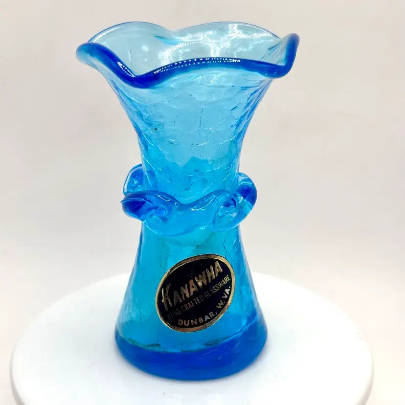 Kanawha Glass Blue Crackle Mini Vase 3” UV GLOW
