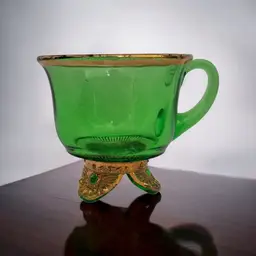 Antique 1914 U.S. Glass Colorado Lacy Medallion Souvenir Cup – Green EAPG Gold Footed Punch Cup – Etched “Ida”