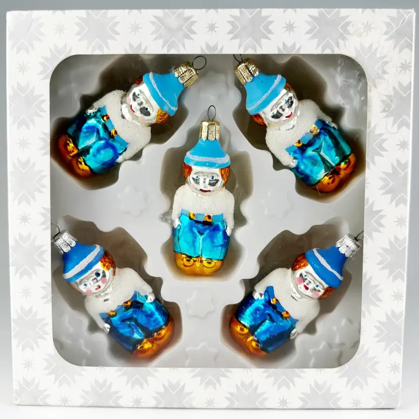 5 Vintage Czechoslovakia Hand-Blown Glass Dutch Boy Christmas Tree Ornaments