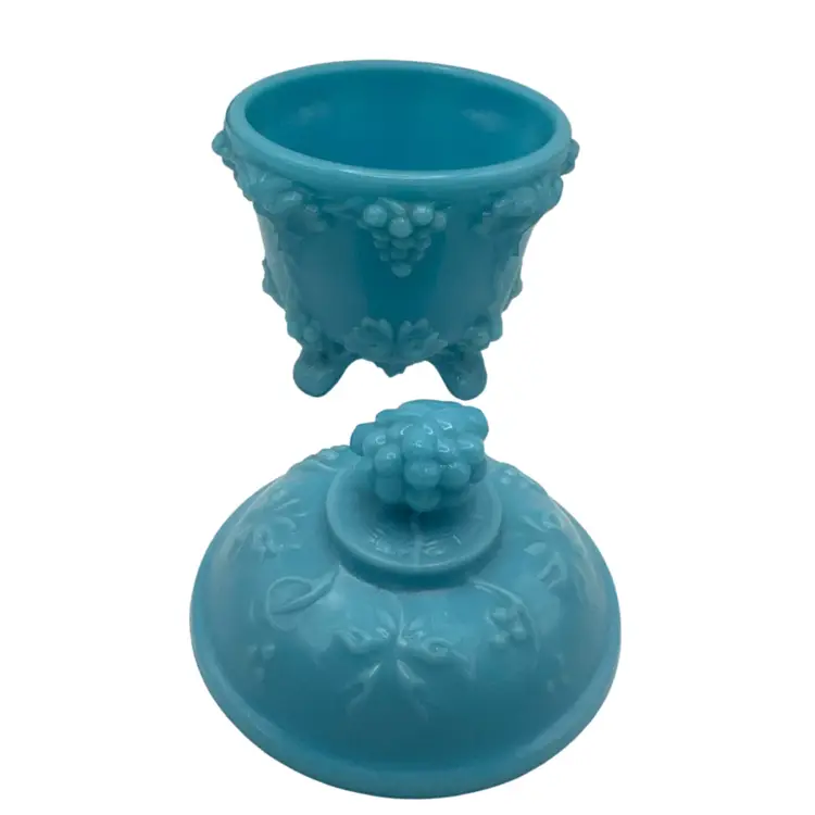 Blue Opaline Milk Glass Grape Pattern Candy Dish With Lid, 6” Tall x 4” Wide