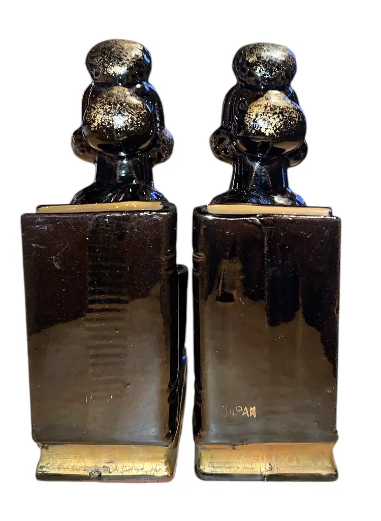 Pair Ceramic Redware Black Poodle Dog Bookends -Pencil/Pen Holder -Japan VTG