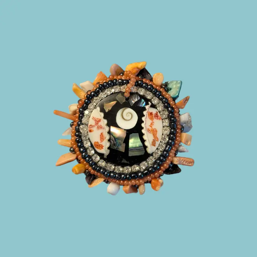 MLCA Creations Handcrafted Vintage Coral & Shell Inlay Beaded Medallion Brooch Pin