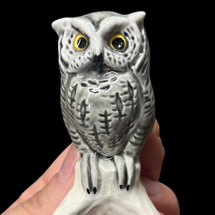 Goebel West Germany Gray Owl on Branch Ceramic Figurine, Ceramic Owl Miniature Figurine