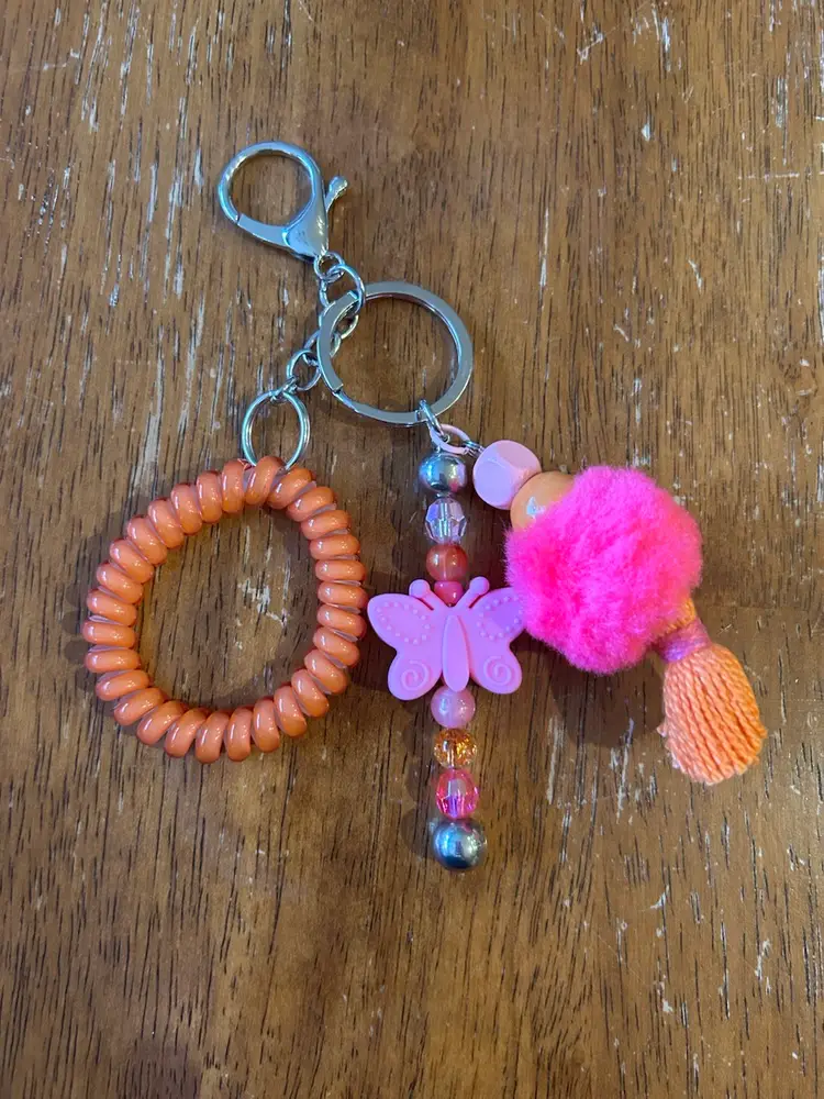 Pink Butterfly Beaded Bag Charm Keychain