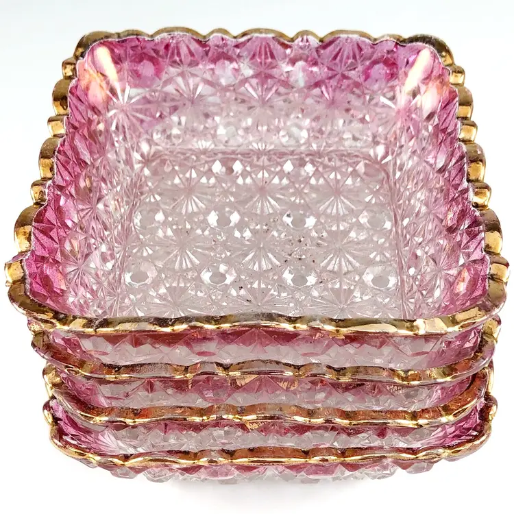 4 Hobbs Brockunier EAPG Daisy Button Square Berry Bowls, Clear Pink & Gold, Antique 1884