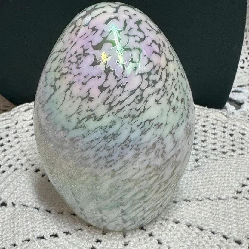 3.5” Egg Shaped Glass Paperweight Flat Bottom Opalescent White & Clear Spotted, Unmarked