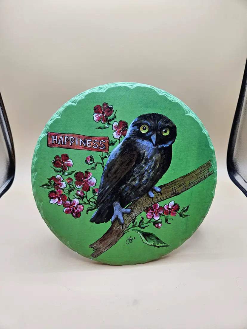 Green 9.75" Slate Owl Plate "Happiness" Hangs or Stands on Its Own, Signed