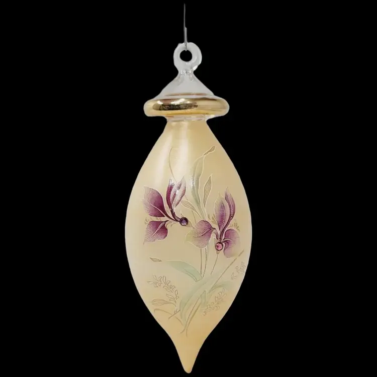 Vintage Frosted Blown Glass Ornament 22kt gold trim Rhinestones Hand Painted Floral