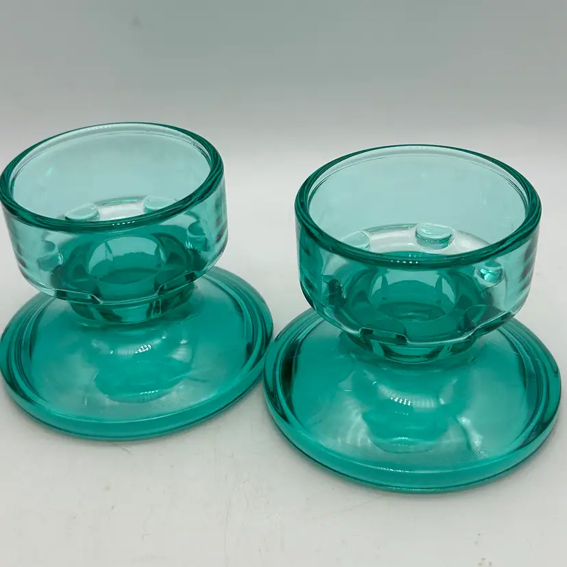 Set Of Two Vintage Teal Glass Taper Votive Candleholders