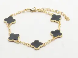 Gold Tone Black Clover Link Chain Bracelet