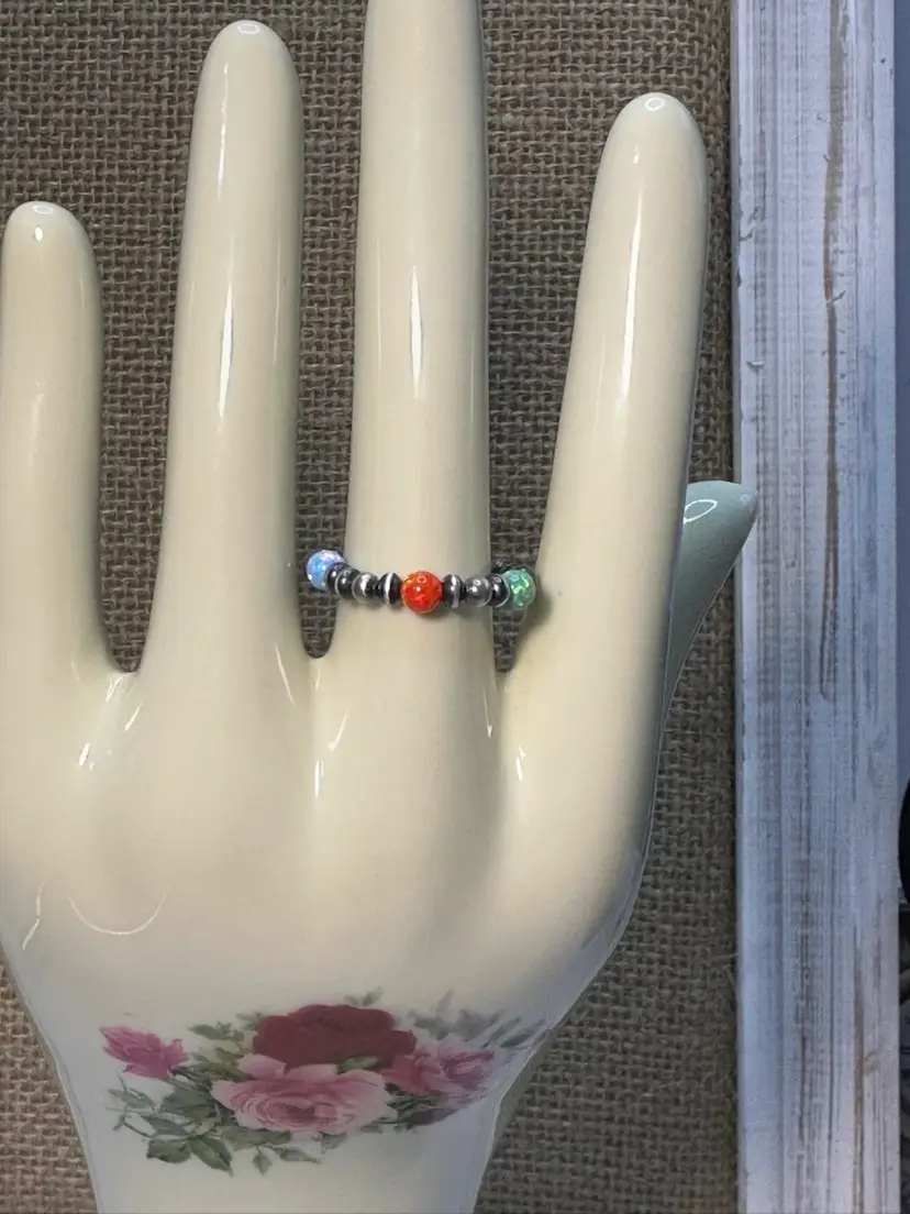Southwestern Sterling Silver 925 Desert Pearls with Blue, Green, & Fire Opal Stones Stretch Sz Adjustable