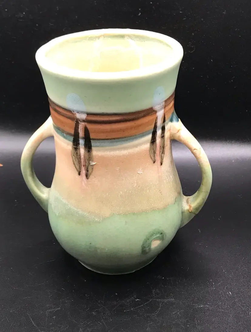 Vintage JapaN Mission Style Vase Double Handled Green Earthtone Pottery READ