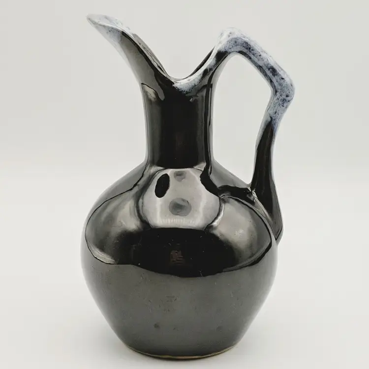 Van Briggle Art Pottery Jet Black Gloss with White Frost Drip Ewer Pitcher Vase