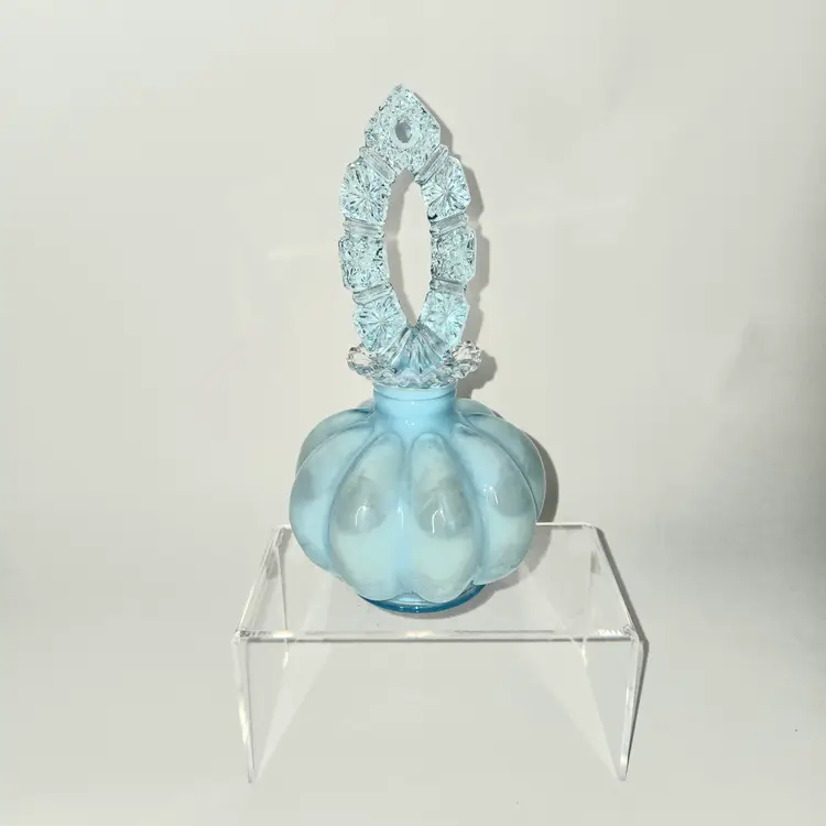 226  Fenton Blue Opaline Melon Perfume Bottle GLOWS VTG