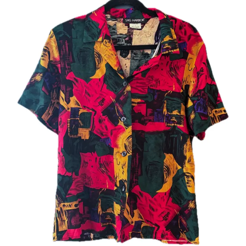 Womens Vintage Colorful Abstract Button Front Shirt Sz Small Bold Art To Wear