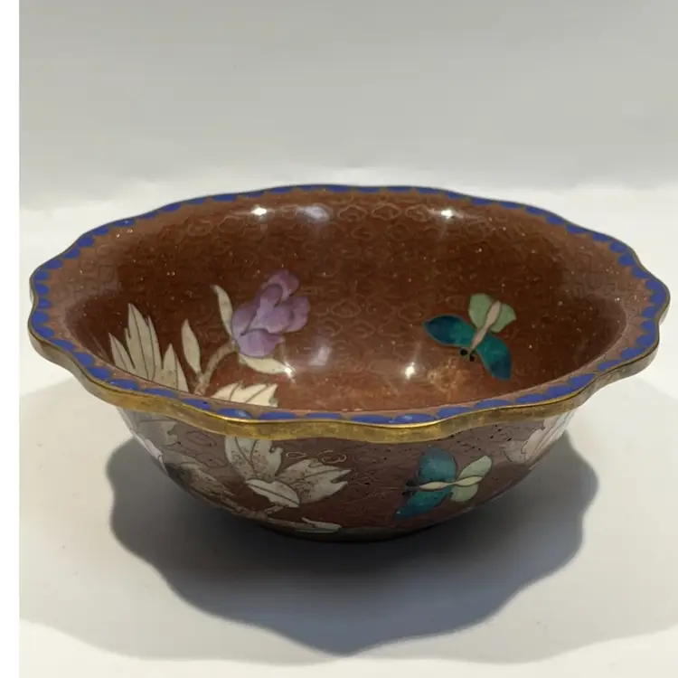 Cloisonné Vintage Enamel Bowl | Floral & Butterfly | Blue Rim | Diaper Pattern- 5”