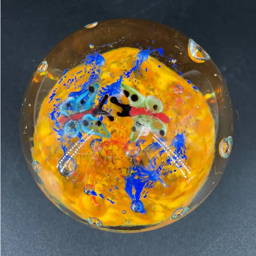 Hand-Blown Art Glass Butterflies & Flowers Paperweight