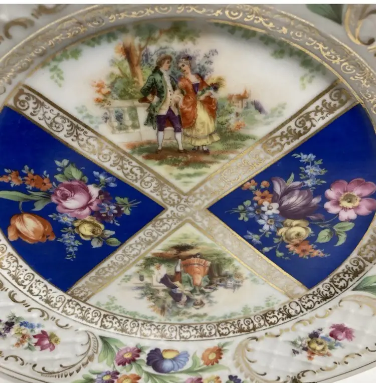 Vintage Schumann Bavaria Dresden Quatrefoil  Plate Watteau Scenes Floral Gold