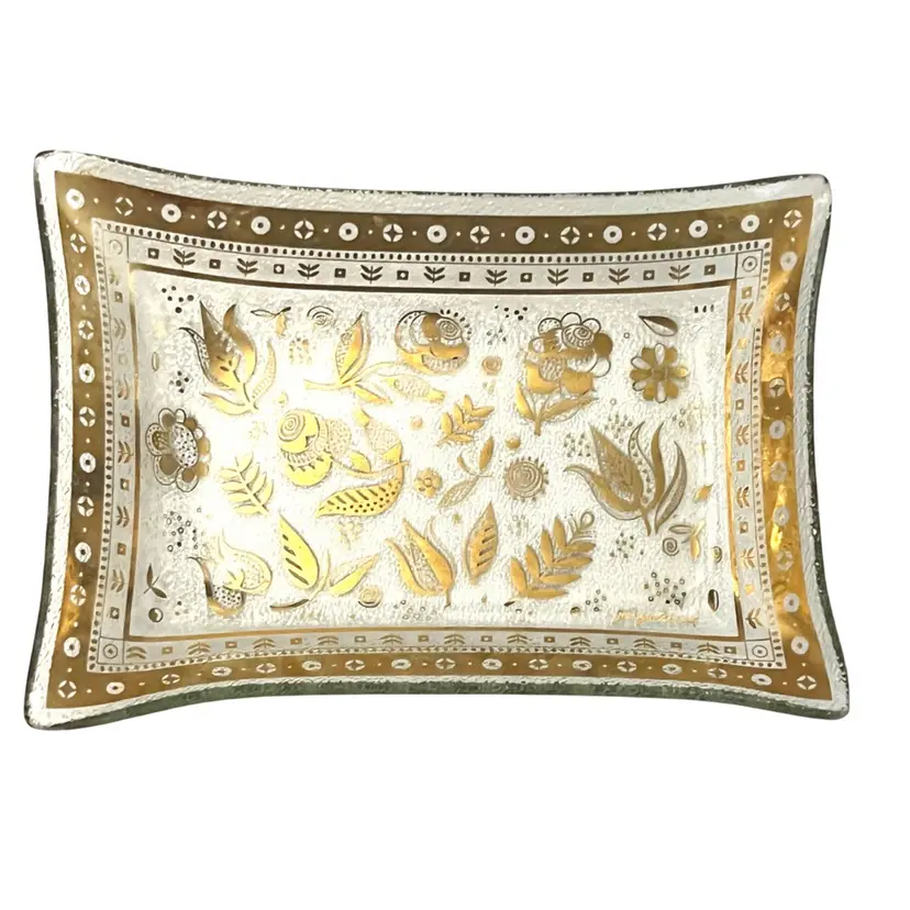Bent Glass Georges Briard Persian Garden Trinket Tray 22-karat Gold Flower Greenery Motif With geometric Trim Signed