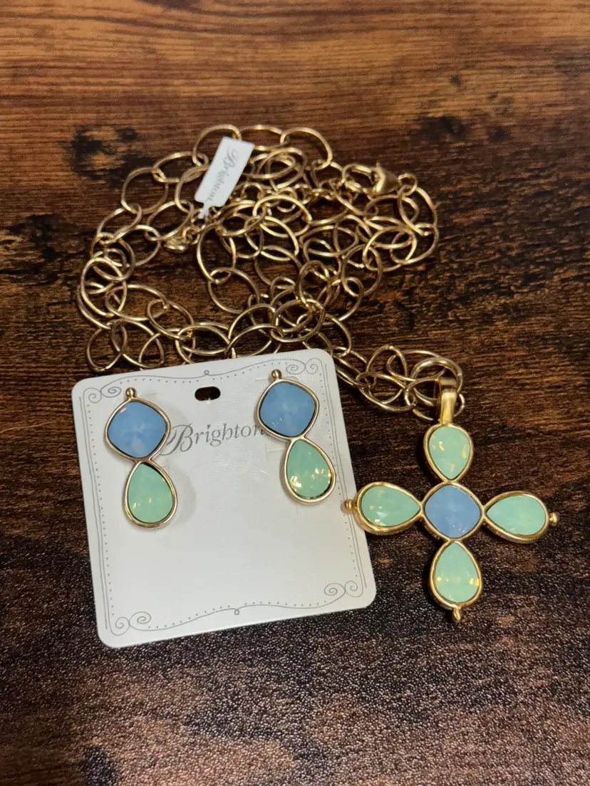 Brighton VERSAILLES Mercury Blue & Glow Green Long Gold Necklace 36” Chain & Earrings