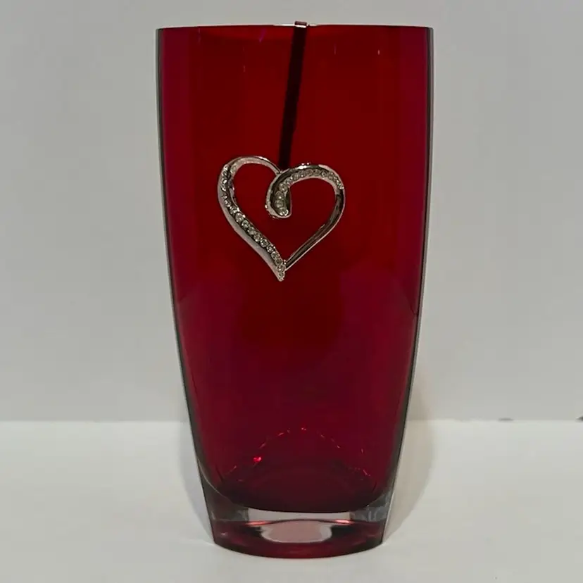 MARKDOWN! Ruby Red Triangular Vase With Heart "Jewelry", ~7" Tall