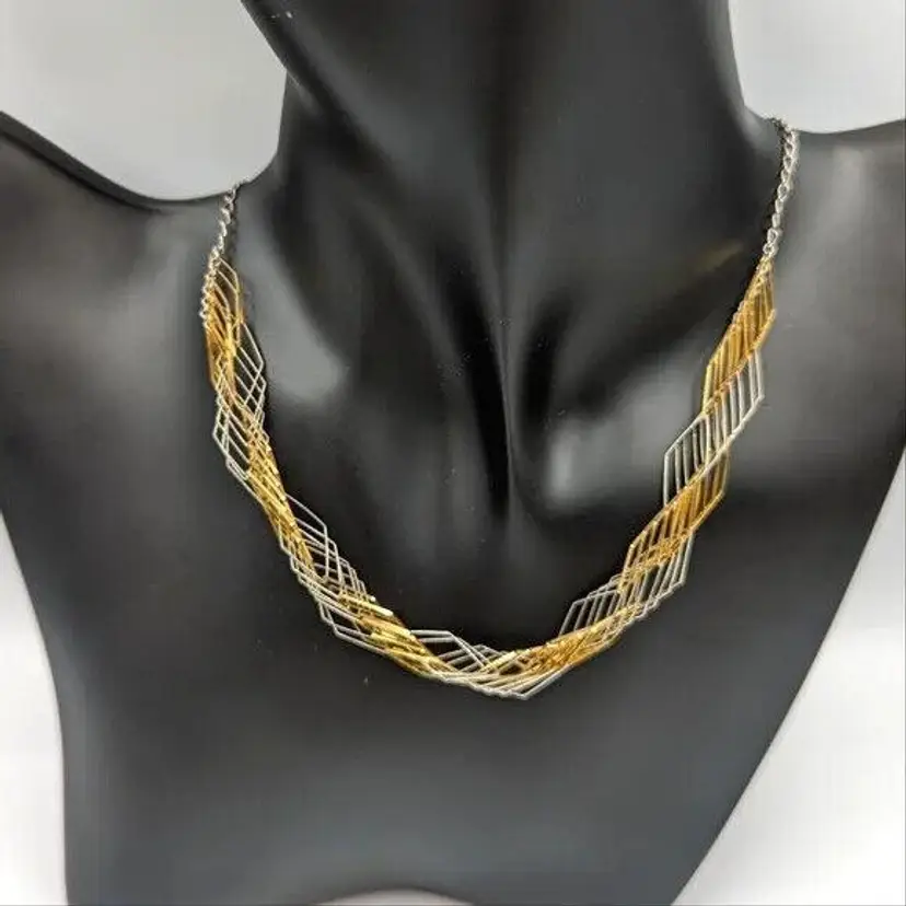 Designer 10K Yellow Gold 925 Sterling Silver Modernist Wire Abstract Necklace