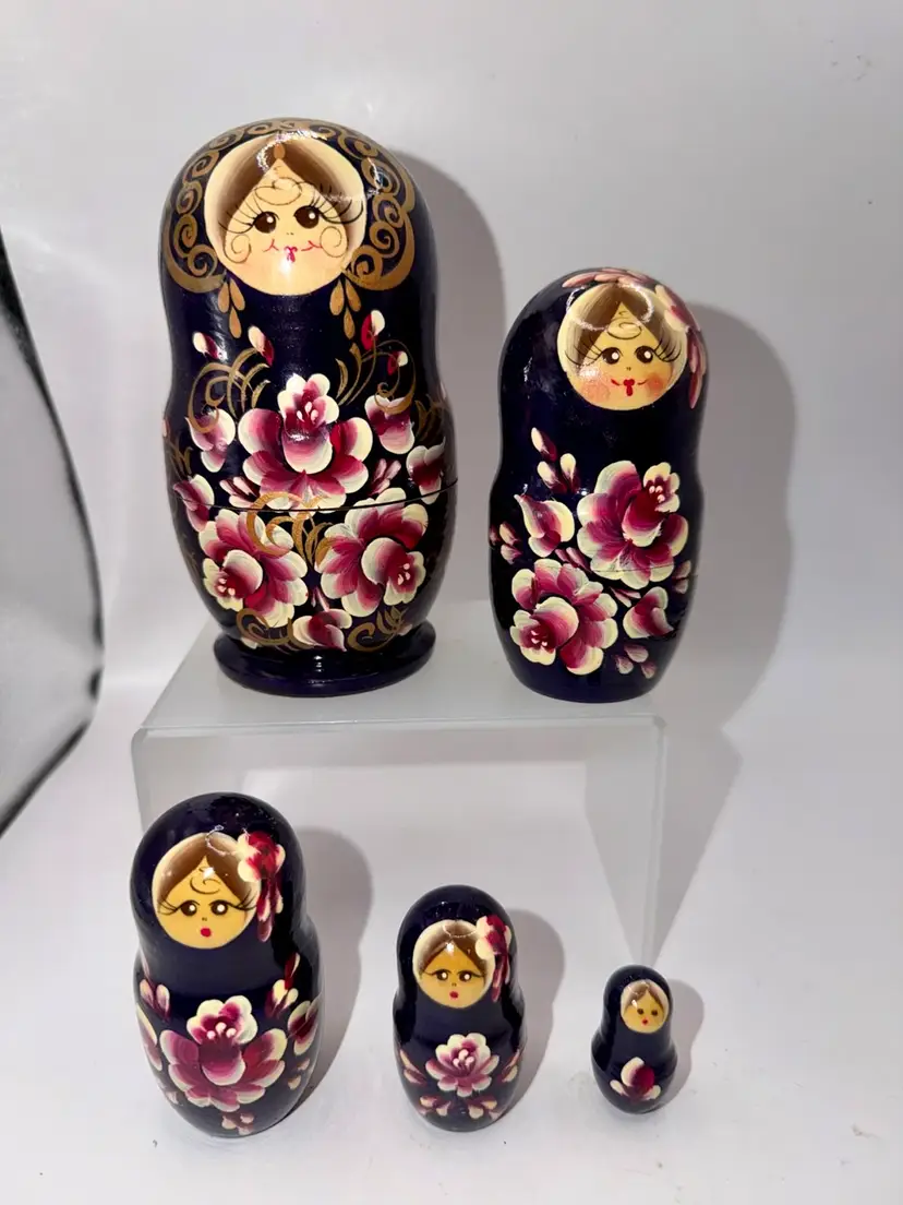 5 Piece Hand Painted Nesting Russian Dolls, Navy Blue Wooden Matryoshka