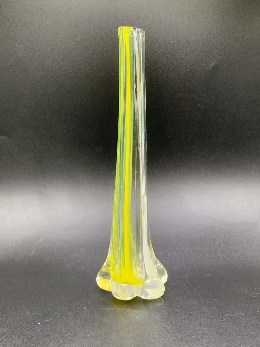 Ucagco Hand Blown Glass Yellow White Bud Vase Stripe Swirl Ribbed And Polished Base
