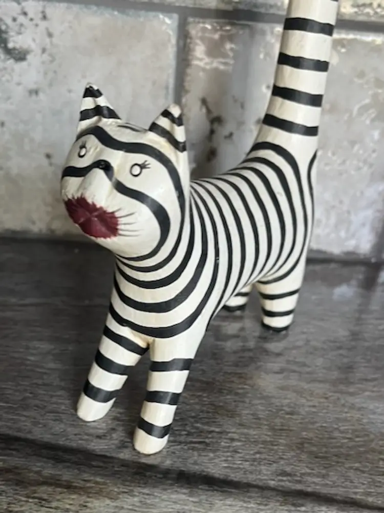Vintage Wood Black & White Striped Folk Art Cat