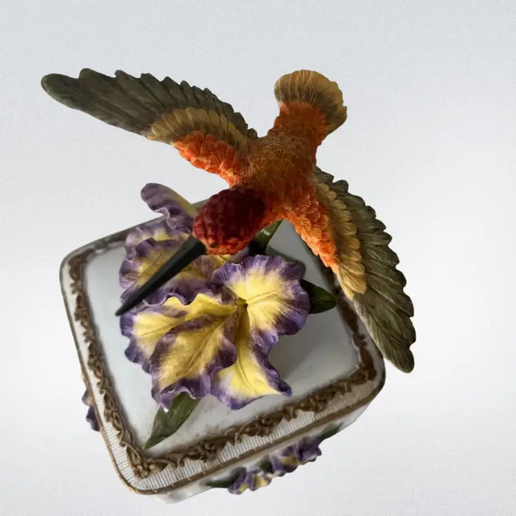 Heritage House- Resin- “Sing A Song” Collection– Plays “Yesterday” - Collectible- Music / Trinket Box – Hummingbird & Iris – 5.5”