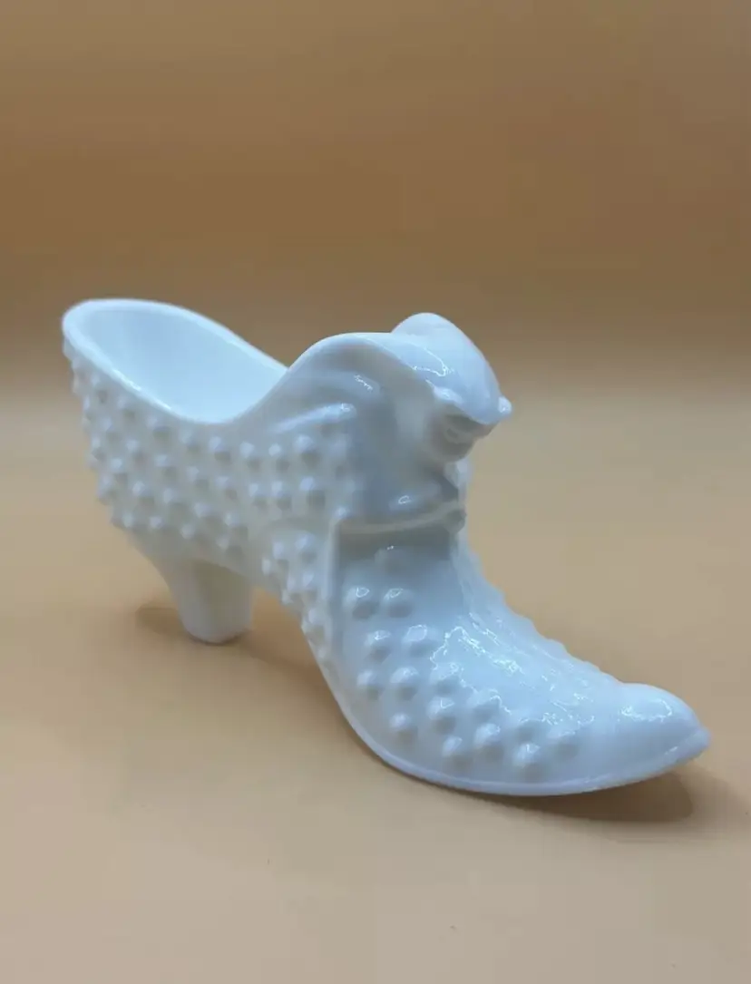 Vintage Fenton Milk Glass Hobnail Shoe Slipper With Cat Head 