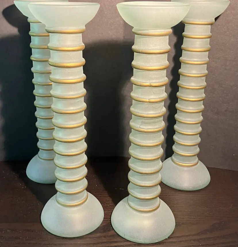 Lot of 4 MCM Frosted Glass Candle Holders with Gold Painted Rings