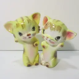 vintage yellow tabby cats waiving salt and pepper shakers boy and girl couple kitty set