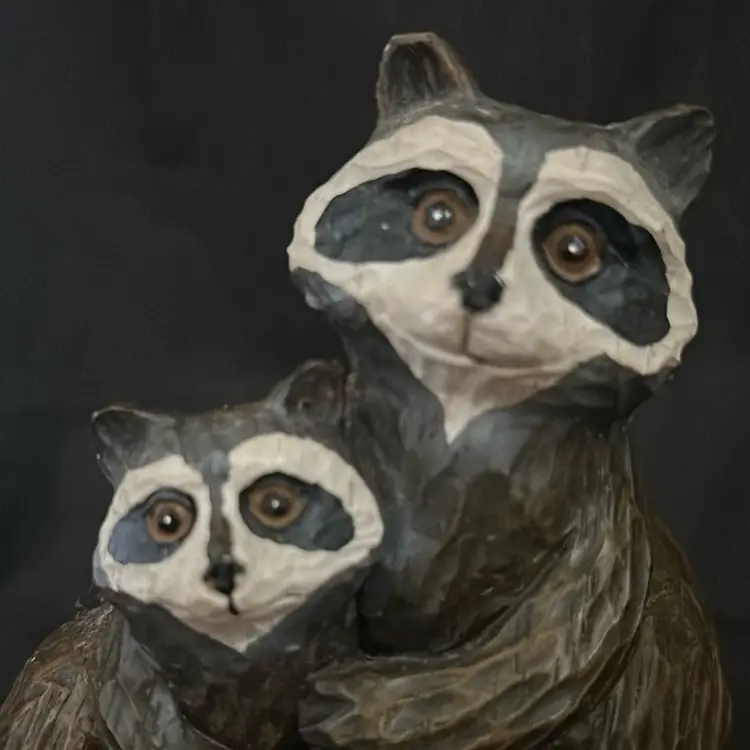 Resin, Mama And Baby Raccoons, Figurine, Statue, 5.75” Sitting Cuddling Cuteness Overload