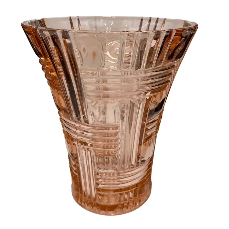 Vintage (‘30s) Anchor Hocking AHC34 Pink Glass Vase, 6.75”, Geometric Horizontal/Vertical Lines