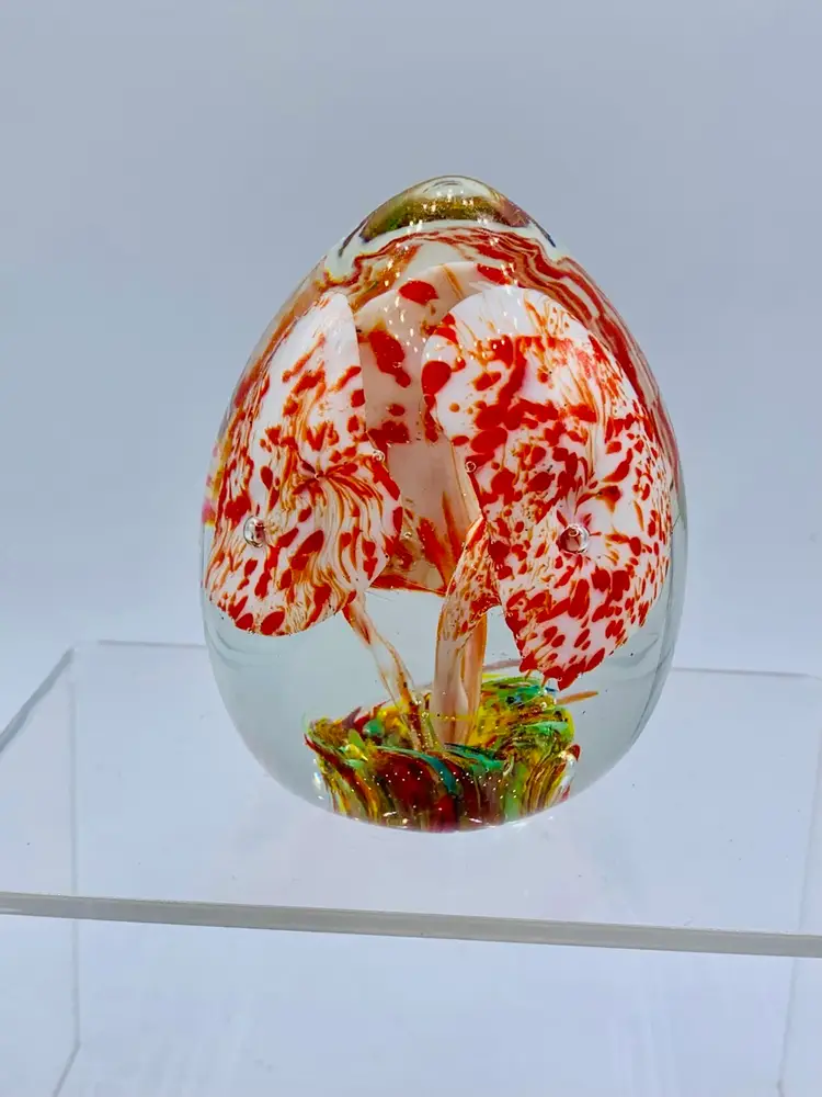 Vintage Egg Shaped Glass Paperweight With Spattered Mushroom Flowers And Swirls Inside
