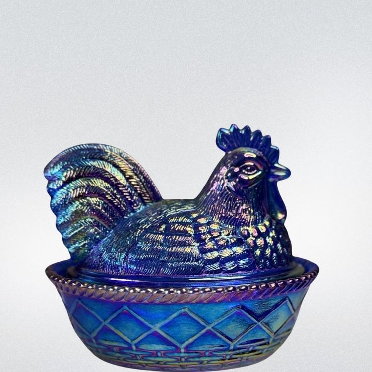 Westmoreland Cobalt Blue Carnival Glass Hen On Nest  Split Tail Candy/Nut/Trinket Dish
4-3/4” T x 5.5” L x 4-1/4” W
