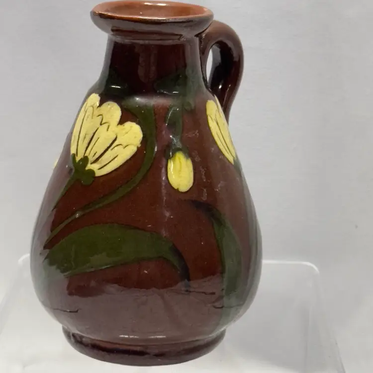 #1593 Vintage Hand Made Pitcher Jug Applied Handle Hand Painted Tulips, Red Clay Terracotta