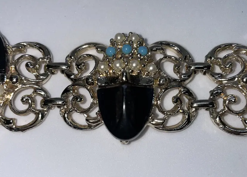 Big Chunky Egyptian Revival Scarab Beetle Bracelet Silver Black Turquoise 60s