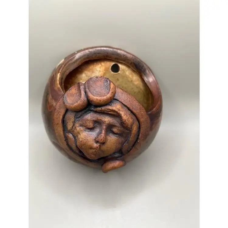 #01 Signed Vintage Happy Valley Studio Moon Face Wall Pocket ~ Unique Art Piece ~ 5.25 inches tall, 3.5 inches in depth