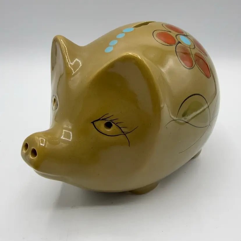 Avocado Green Floral Italian Pottery Piggy Bank