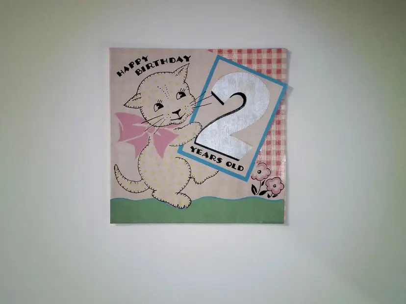 Vintage Mid Century 2th Birthday Greeting Card Cat Kitten Holding Sign Retro